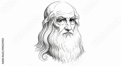 Black and white sketch of an aged man with long hair and beard