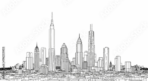Black and white sketch of a dense cityscape with towering skyscrapers