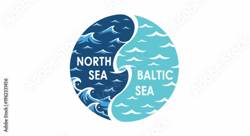 Circular yin-yang symbol depicting waves for the North and Baltic Seas