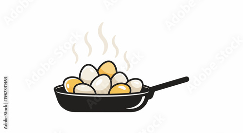 Cartoon illustration of a pan filled with steaming eggs