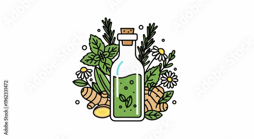 Bottle of green liquid with herbs, ginger and chamomile flowers