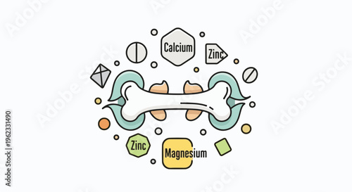 Bone illustration with calcium, zinc, magnesium supplements