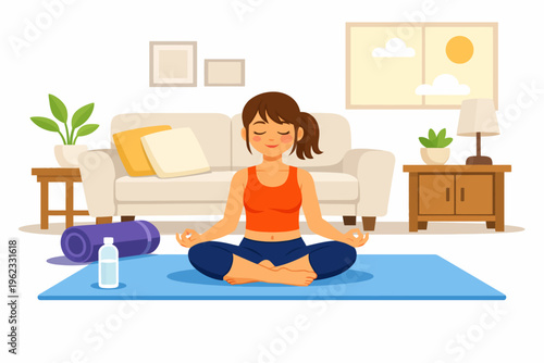 Woman meditates peacefully on yoga mat in living room with water bottle