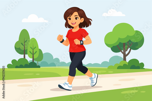 Woman jogging on a park path wearing athletic gear and a watch