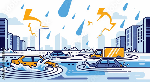 City flooded with cars driving through water, lightning strikes