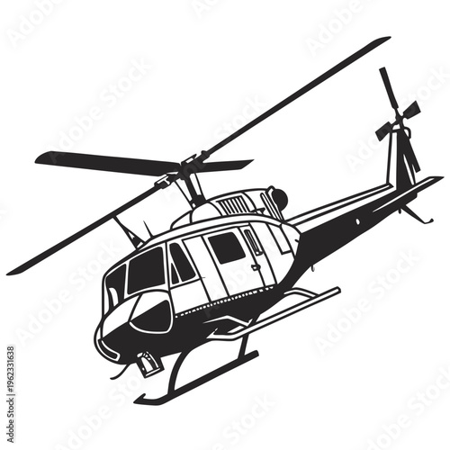 A black and white helicopter with rotors