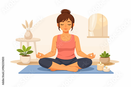Woman practices yoga on a mat in a serene home environment with plants