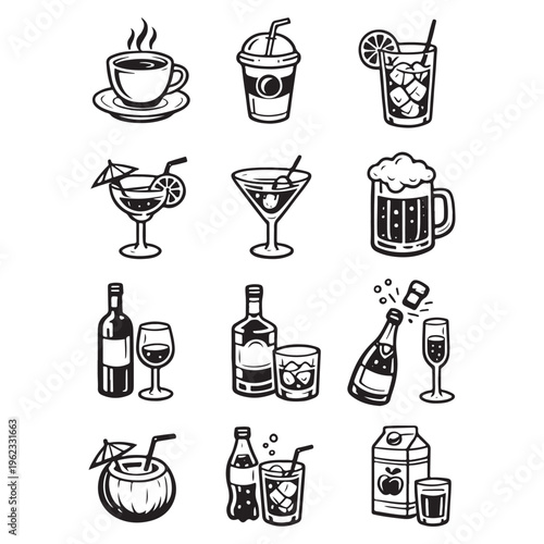Monochrome Drink Line Art Icon Set – Minimal Beverage Vector Collection