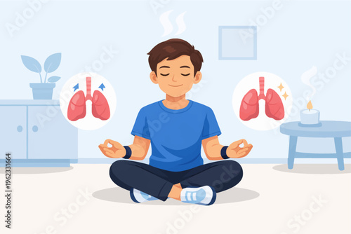 Man meditates peacefully indoors with lungs floating beside him