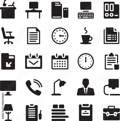 Collection of office supplies and business icons on white background