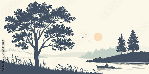 A serene lake scene with a tree and a boat