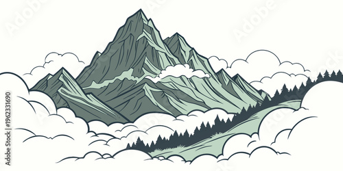 A large mountain range with clouds and trees