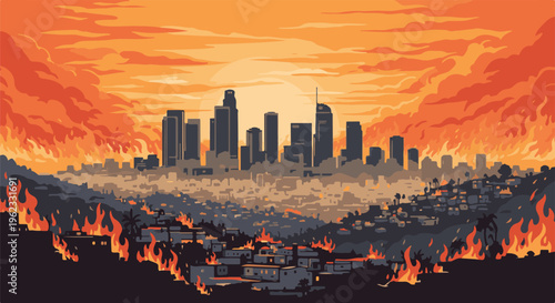 City skyline amidst raging wildfires, orange sky, urban sprawl on fire