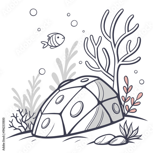 A large clamshell with a fish swimming above it