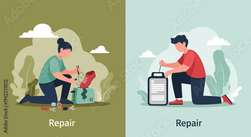 DIY Repair and Maintenance Concept. Flat Vector Illustration of People Fixing Items: Woman Repairing Shoe, Man Working on Device.