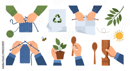 Sustainable Living & Eco-Friendly Lifestyle Collection: Handmade Crafts, Gardening, Recycling & Nature Icons