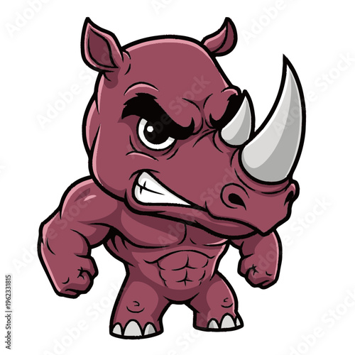 Cartoon Rhinoceros Character with Angry Expression.