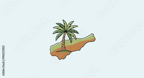 Cartoon island map outline with a single palm tree and layered earth