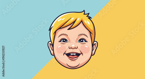 Cheerful baby illustration on a split blue and yellow background