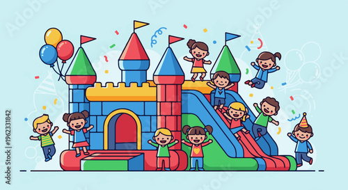 Cheerful cartoon children having fun on a colorful inflatable castle