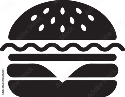 Simple black silhouette of a classic cheeseburger icon on white background