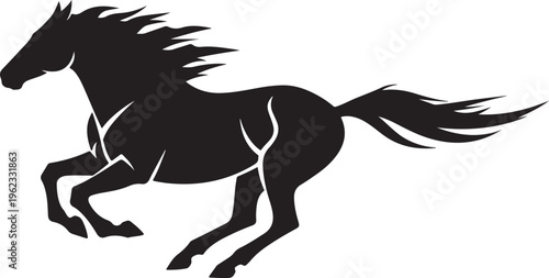 A black wild stallion running in a nature-inspired equine vector silhouette illustration featuring a majestic horse outline design for equestrian sports