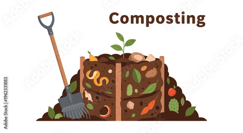 Composting Organic Waste for Sustainable Gardening, Eco-Friendly Soil Enrichment, and Environmental Care. Illustration of Compost Bin, Shovel, and Rake.