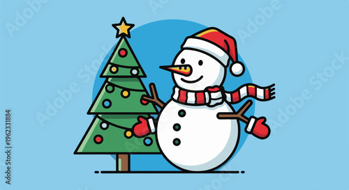 Cheerful cartoon snowman in red hat & scarf, next to decorated Christmas tree