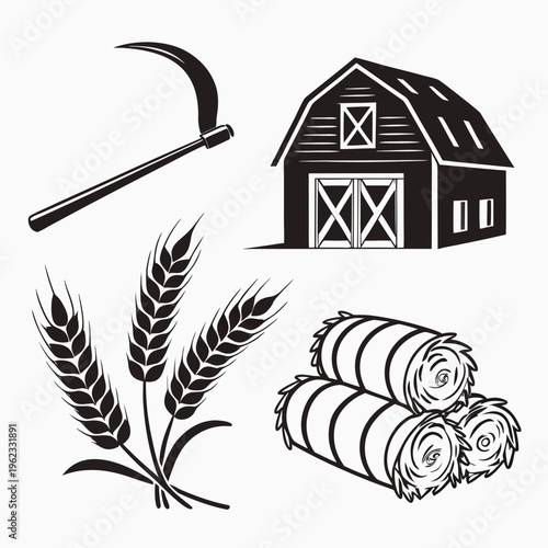 Farm icons including scythe barn hay and wheat