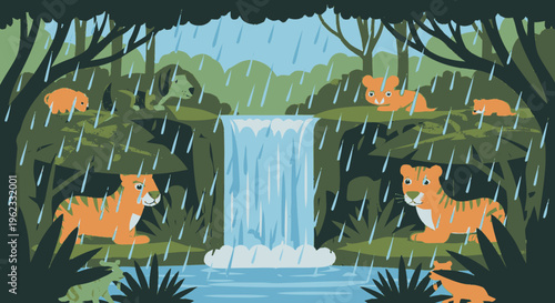 Cute tiger cubs playing in the rain near a waterfall.