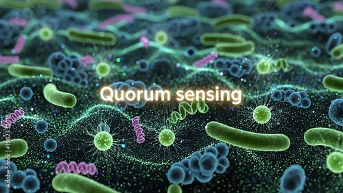 Microscopic view of various bacteria and microorganisms engaging in quorum sensing within a dark environment.