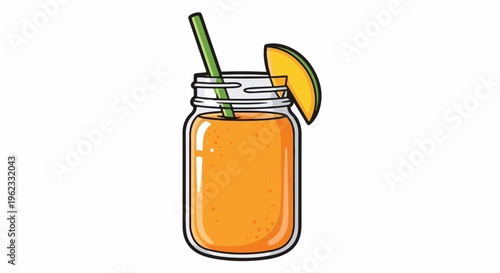 Bright orange beverage in a glass jar with a green straw and mango slice