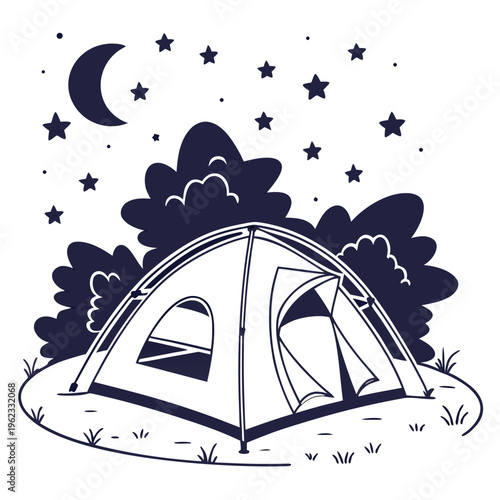 A tent is pitched on a grassy field at night