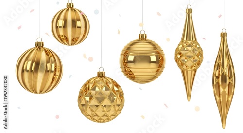 Six gold christmas ornaments isolated on transparent background