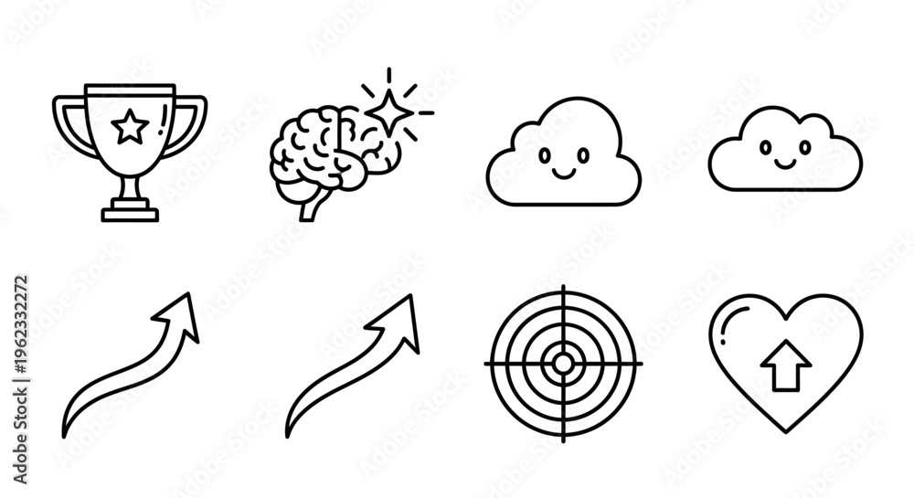 Fototapeta premium Set of eight black outline icons representing positive concepts like achievement, intelligence, and happiness