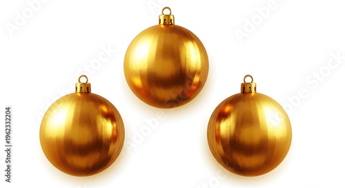 Three gold christmas ornaments isolated on transparent background