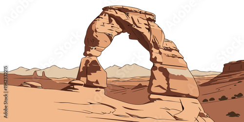 A large rock arch in a desert landscape