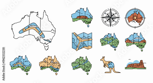 Collection of Australian icons map, boomerang, compass, kangaroo, landscape, Uluru