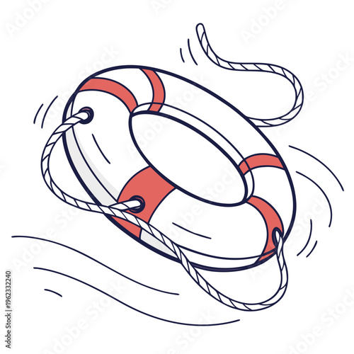A life preserver with red stripes and a rope