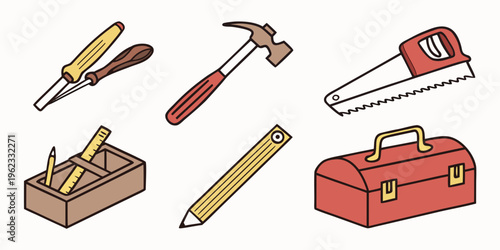 A set of tools for carpentry and construction work
