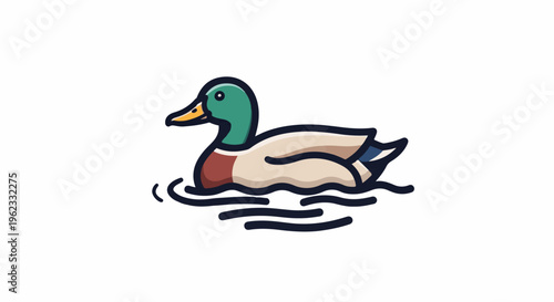 Cartoon mallard duck swimming on white background with water ripples