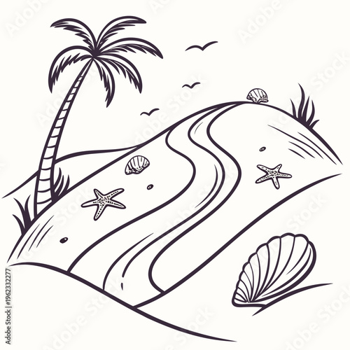 A black and white drawing of a beach with a palm tree