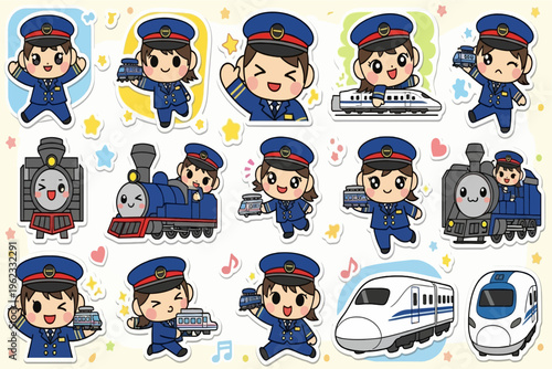 Train conductors and cartoon trains with smiling faces and music notes