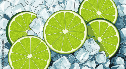 Bright green lime slices scattered amongst refreshing, translucent ice cubes