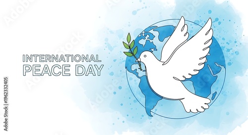International Peace Day illustration featuring a white dove with olive branch and blue globe