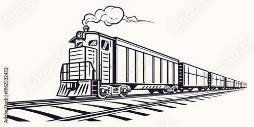 A black and white drawing of a train on train tracks