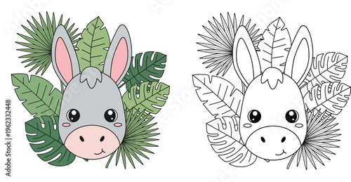 Adorable cartoon donkey head surrounded by tropical green leaves, in a cute, simple style with outline version.