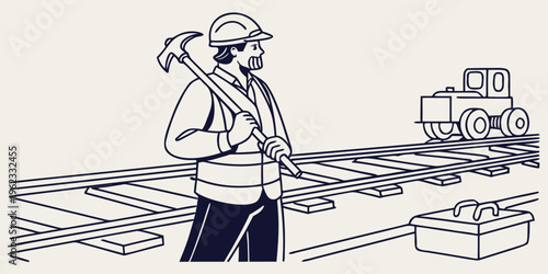 A man in a hard hat holding a pickaxe near train tracks