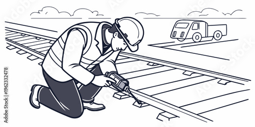 Railway worker repairing tracks with a drill