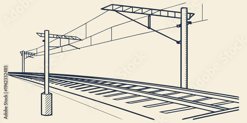 A train track with overhead wires and poles